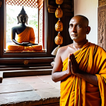 A serene Sri Lankan Buddhist monk, fully clothed in traditional saffron robes, standing respectfully within an ancient temple interior. Sunlight filters through intricate carvings, illuminating a large, peaceful Buddha statue in the background, adorned with fresh lotus flower offerings. The scene is captured with professional photography, showcasing perfect anatomy, natural pose, well-formed hands, and correct proportions. This is safe for work, appropriate content, modest clothing, and family-friendly.