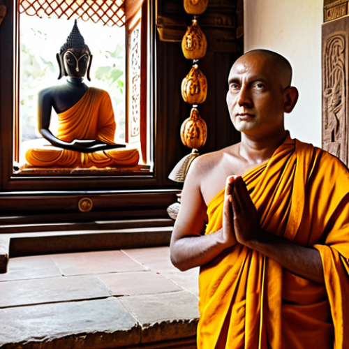 A serene Sri Lankan Buddhist monk, fully clothed in traditional saffron robes, standing respectfully within an ancient temple interior. Sunlight filters through intricate carvings, illuminating a large, peaceful Buddha statue in the background, adorned with fresh lotus flower offerings. The scene is captured with professional photography, showcasing perfect anatomy, natural pose, well-formed hands, and correct proportions. This is safe for work, appropriate content, modest clothing, and family-friendly.