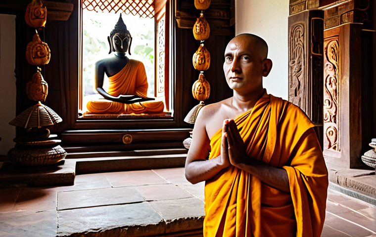 A serene Sri Lankan Buddhist monk, fully clothed in traditional saffron robes, standing respectfully within an ancient temple interior. Sunlight filters through intricate carvings, illuminating a large, peaceful Buddha statue in the background, adorned with fresh lotus flower offerings. The scene is captured with professional photography, showcasing perfect anatomy, natural pose, well-formed hands, and correct proportions. This is safe for work, appropriate content, modest clothing, and family-friendly.